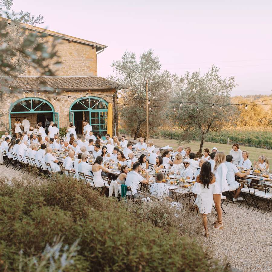 outdoor wedding welcome party in Italian countryside