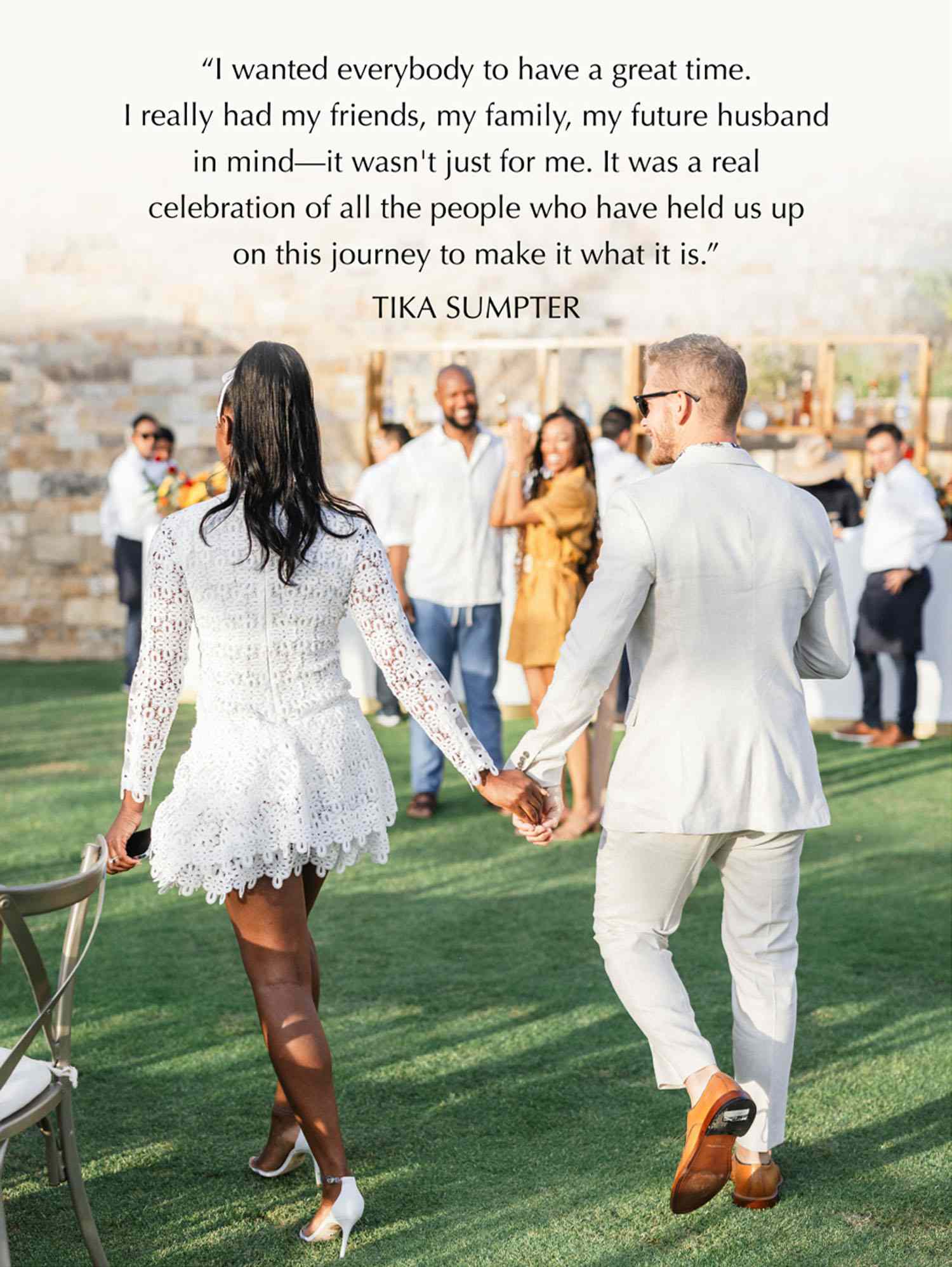 Tika Sumpter and Nicholas Holding Hands with Bride's Quote Over Top