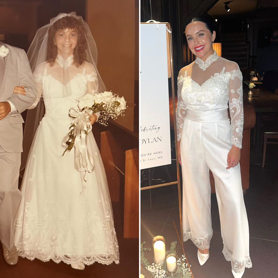 Slit-screen collage of a bride wearing a lace wedding dress in the 1980s and a photo of the daughter in a lace jumpsuit