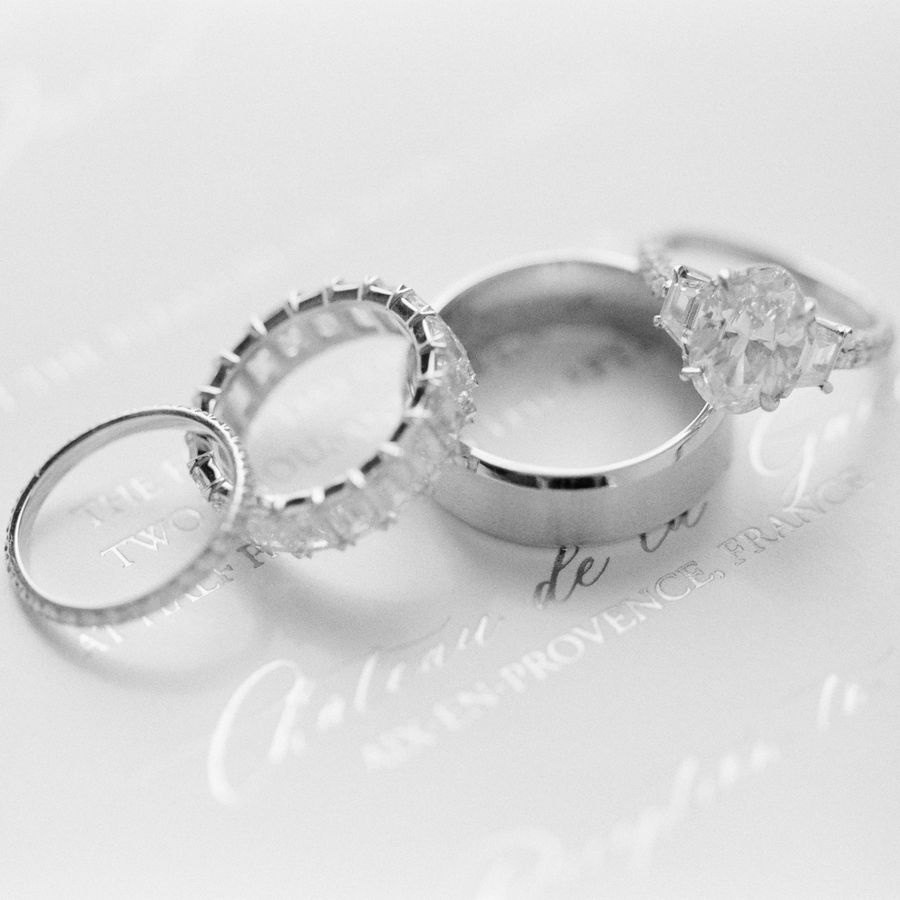 black and white photo of a wedding band and engagement ring