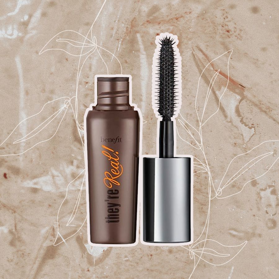 Uncapped Benefit They're Real! Lengthening Mascara displayed on a brown background with a white floral overlay 