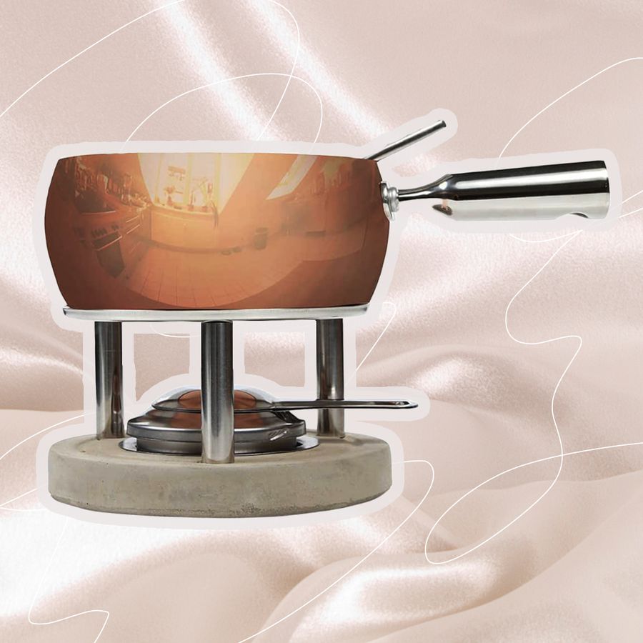 Collage of a copper fondue pot on a colorful background