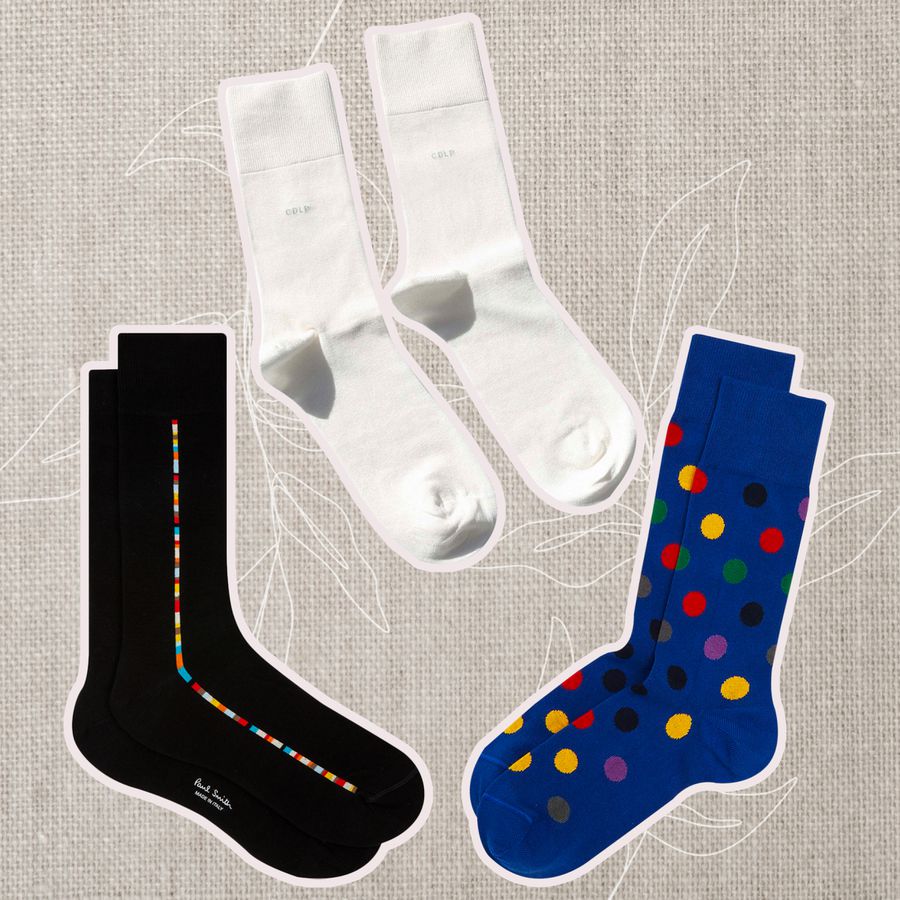 Collage of dress socks we recommend on a gray background