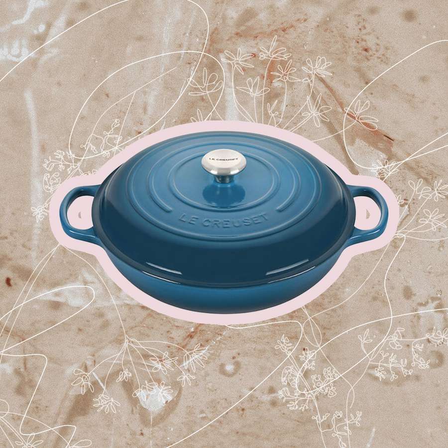 Le Creuset Enameled Cast Iron Braiser outlined in pink and displayed on a textured background with a floral design overlaid