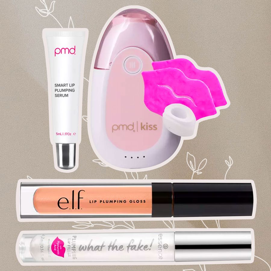 Composite of the Best Lip Plumpers for Brides including PMD Kiss Lip Plumping Collagen Boost System, e.l.f. Cosmetics Lip Plumping Gloss, and Essence What The Fake! Plumping Lip Filler