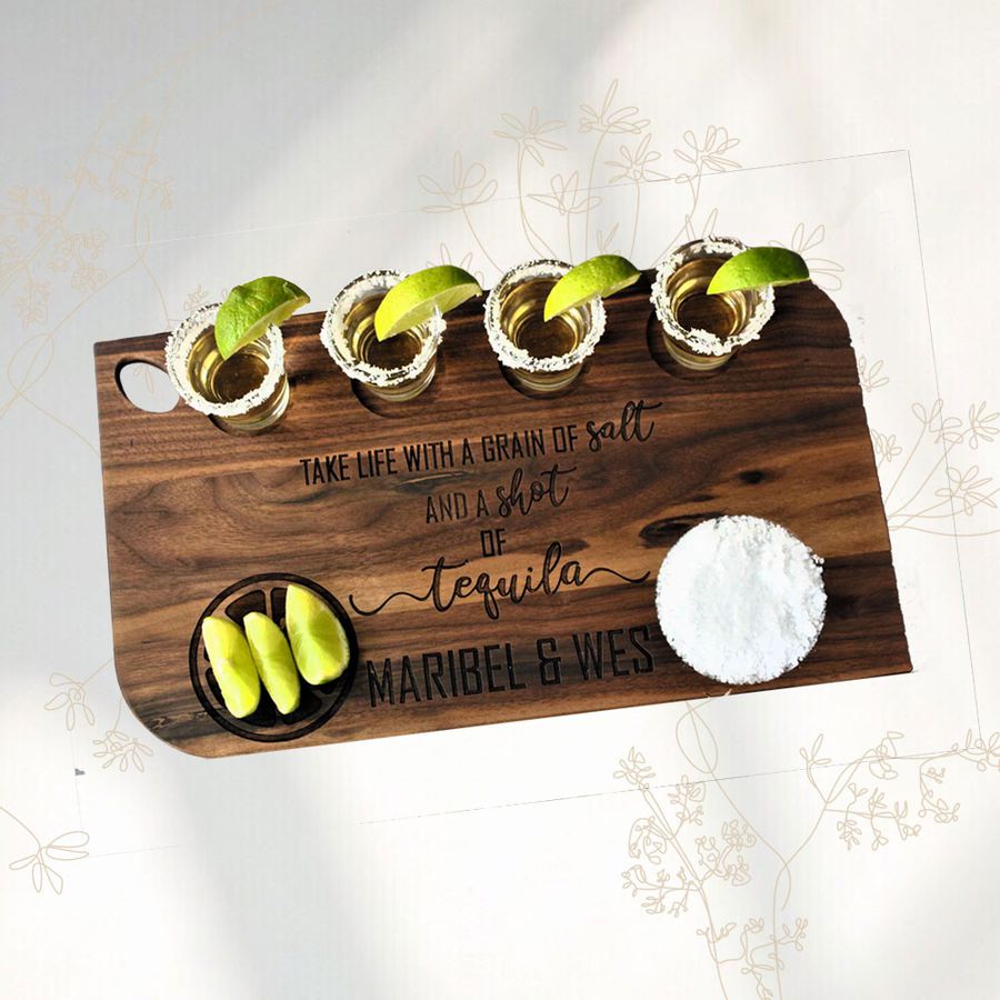 Olive Moon Gift Shop Personalized Tequila Flight Board displayed on a grey floral background 