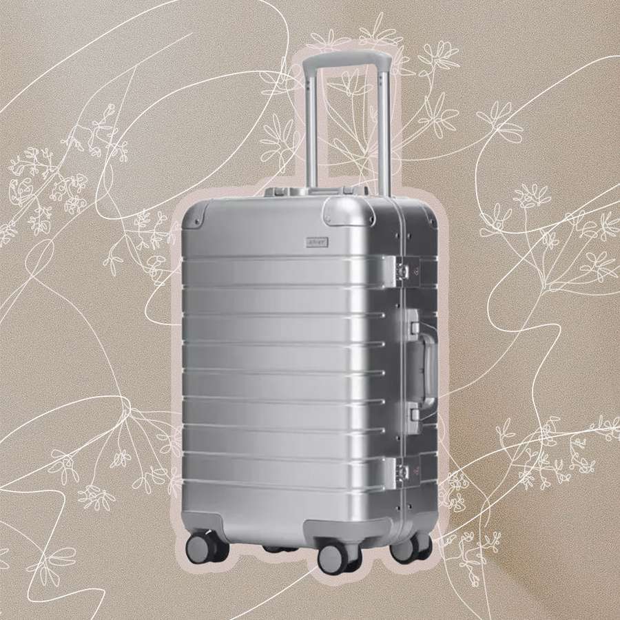 Collage of an Away The Carry-on: Aluminum Edition on a gray background