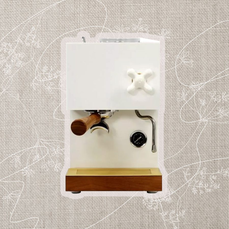 Anza White Espresso Machine collaged on a beige linen background