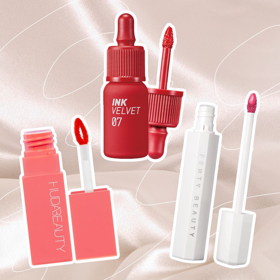 Assortment of lip stain we recommend outlined in white and displayed on a realistic cloth background 