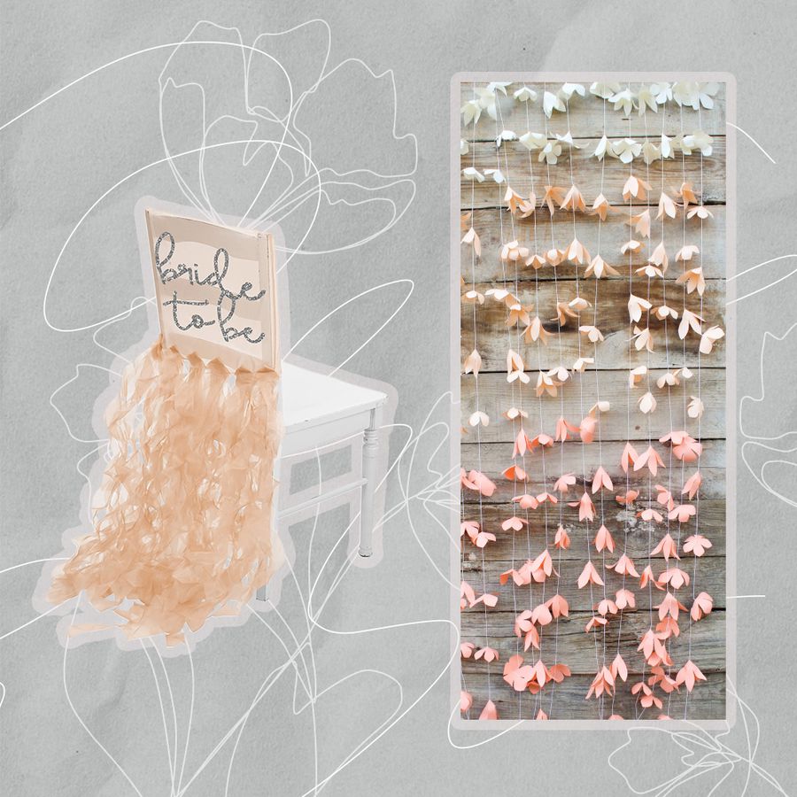 A collage of bridal shower decorations we recommend on a floral gray background