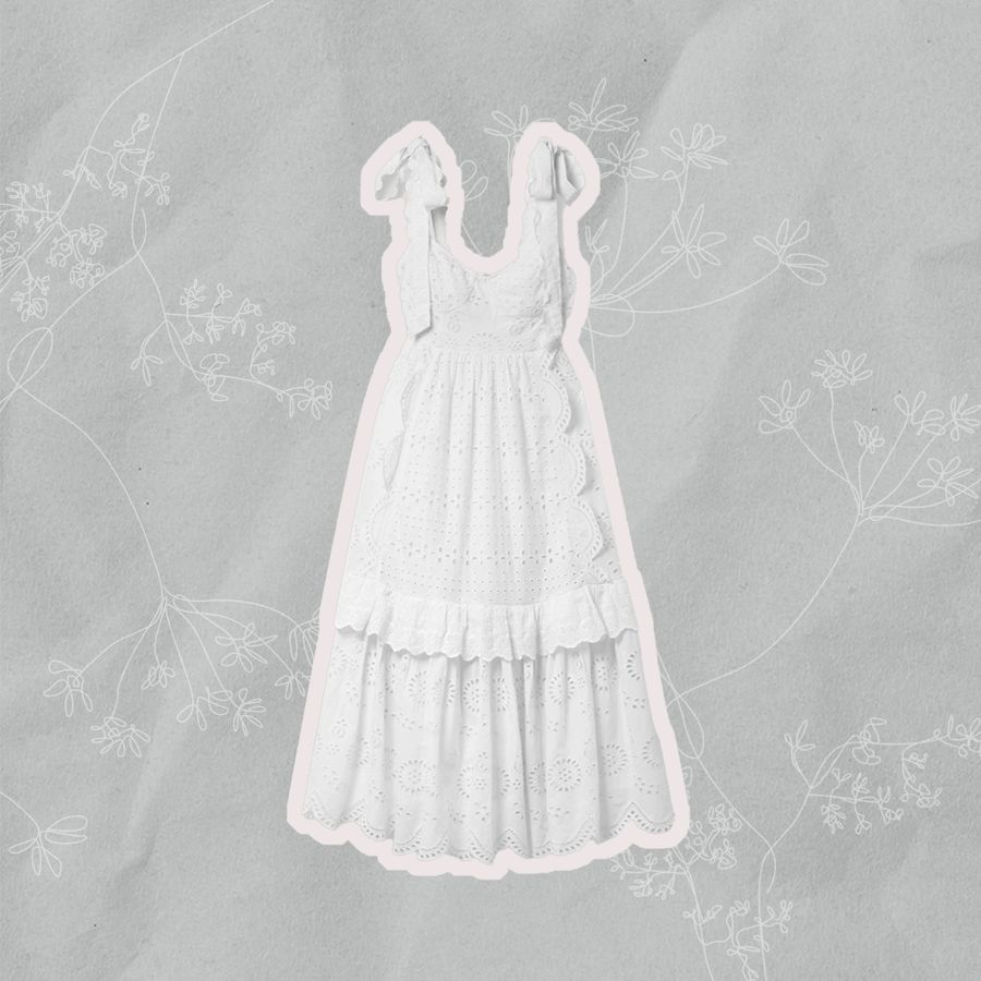 Collage of a bridal shower dress we recommend on a gray background