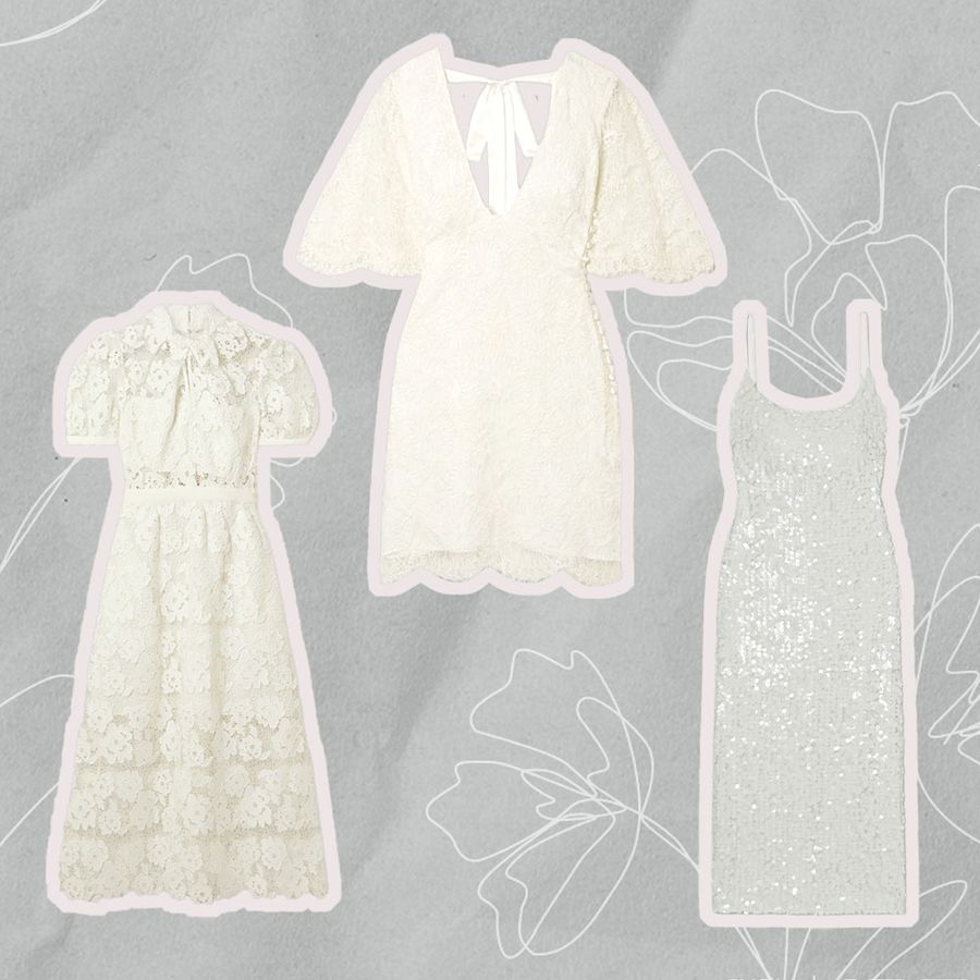 A collage of wedding rehearsal dinner dresses we recommend on a gray background