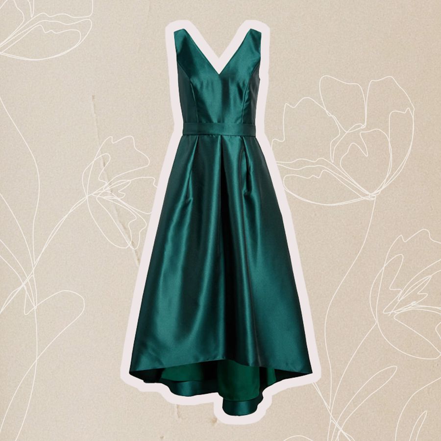 Collage of a green satin bridesmaid dress on a gray background