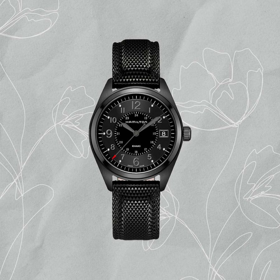 Hamilton Khaki Field Silicone Strap Watch on a gray background