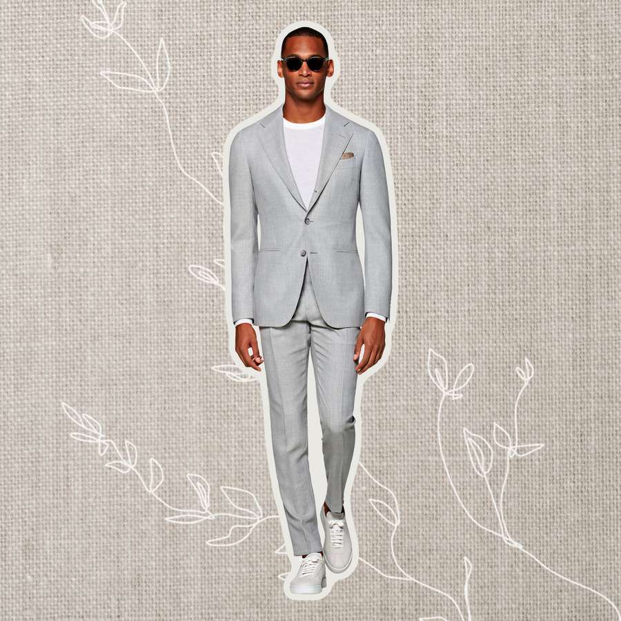 Collage of a person wearing the Suit Supply Light Grey Havana Suit on a gray background