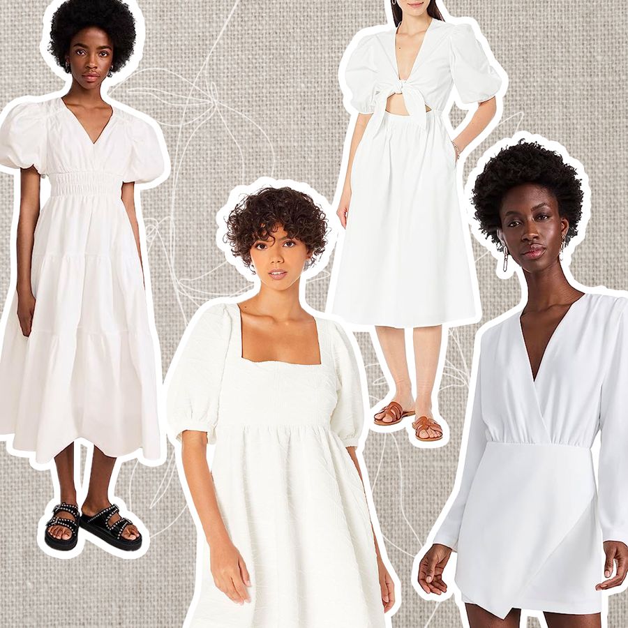 Various Models Wearing White Dresses For Amazon Prime Day Arranged on a fabric background
