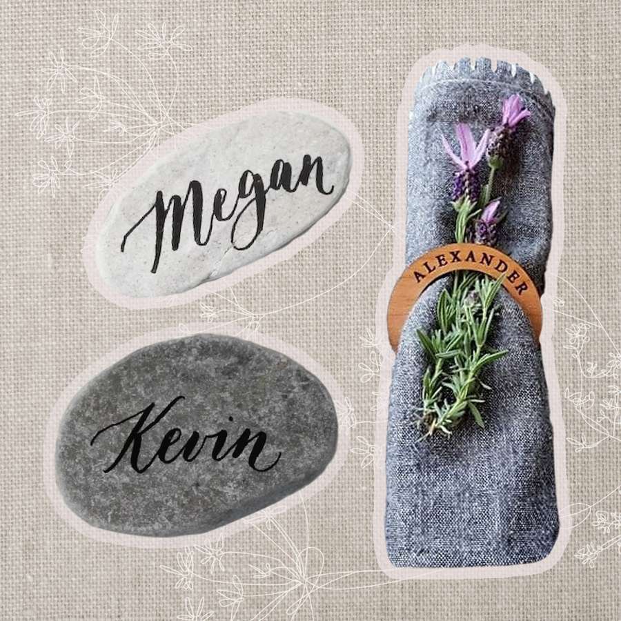 Collage of creative wedding place cards we recommend on a gray background