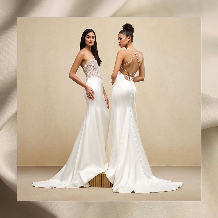 models wearing sleek wedding dresses