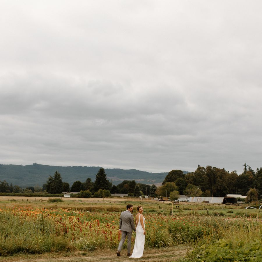 Bride and Groom Walking Through Oregon Flower Field