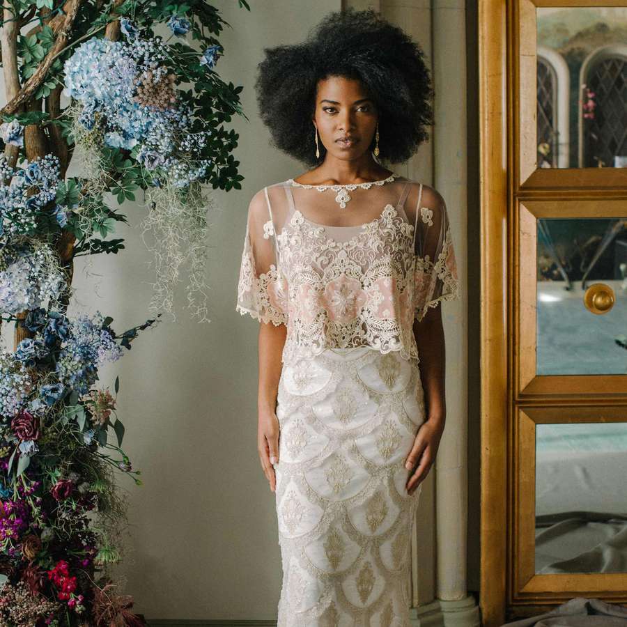 Person wearing the Claire Pettibone Genevieve Embroidered Top and Helena Skirt