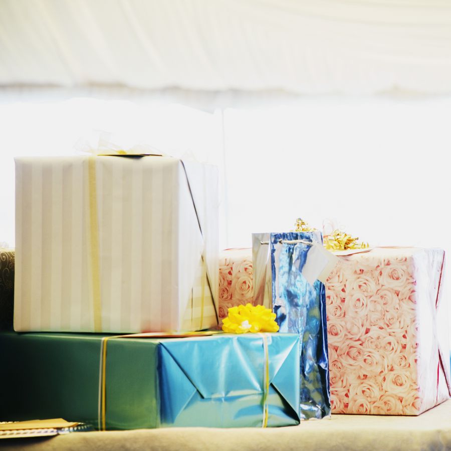 Gifts on a gift table at bridal shower