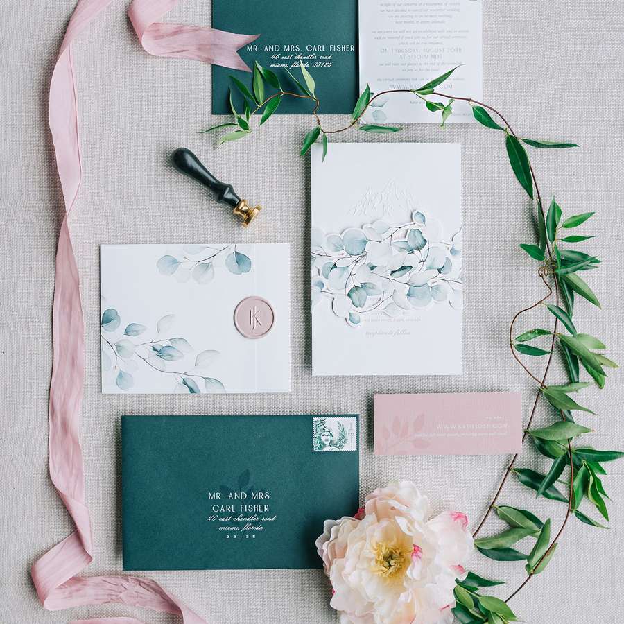 green and pink wedding invitation suite