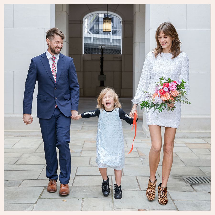 Amelia Edelman library elopement with son in sequin dress