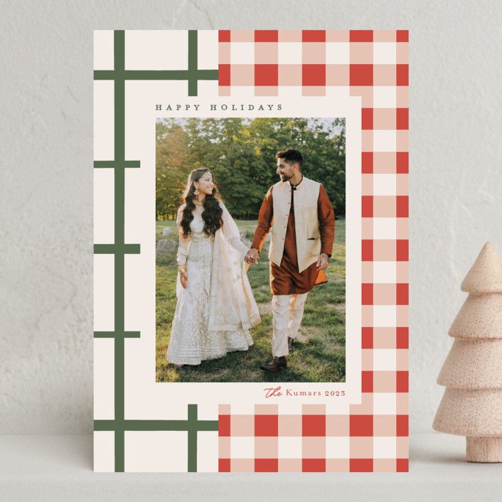Minted + Brides Red and Green Check Holiday Card with Couple's Wedding Photo
