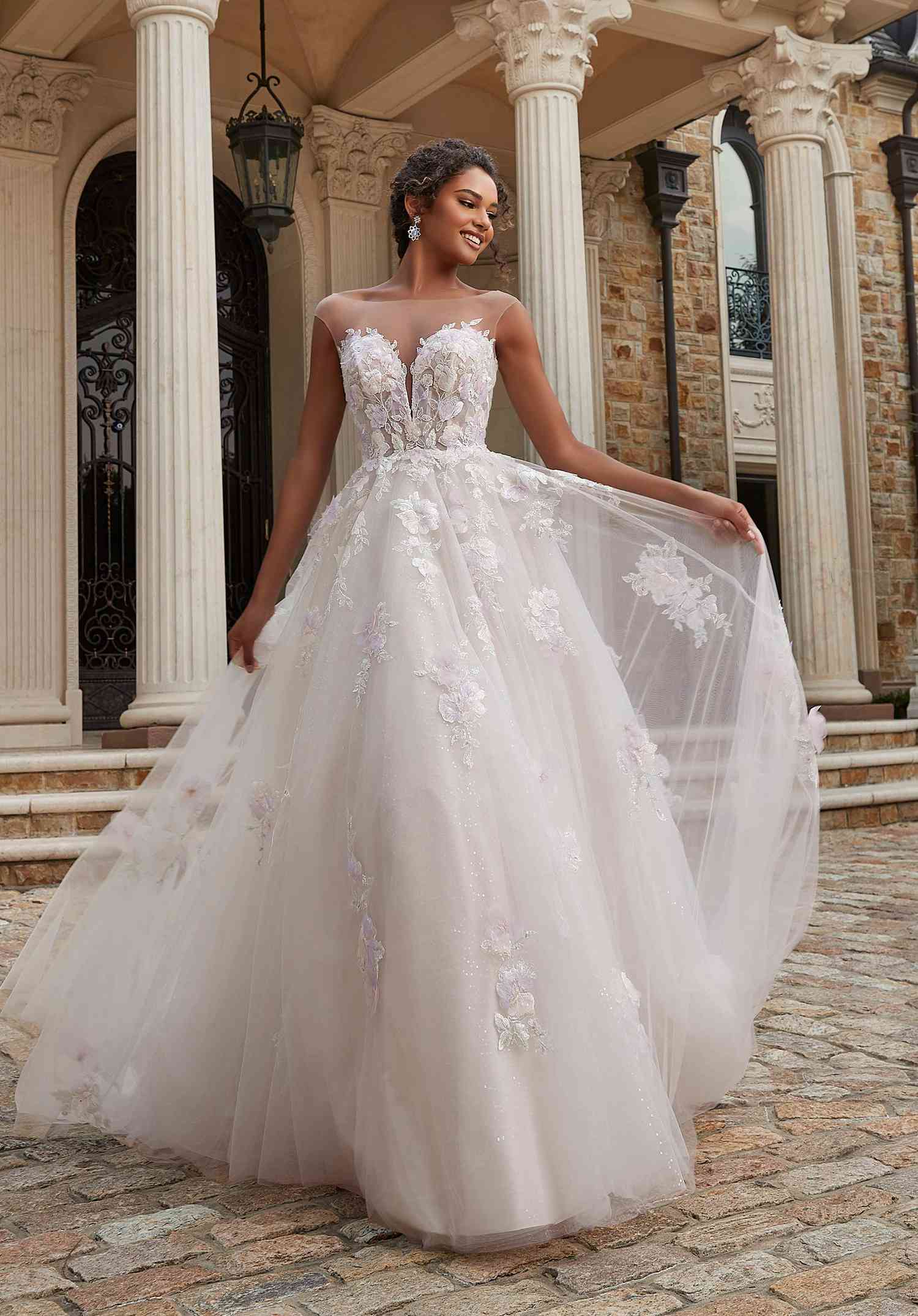 Off-the-shoulder tulle floral wedding dress