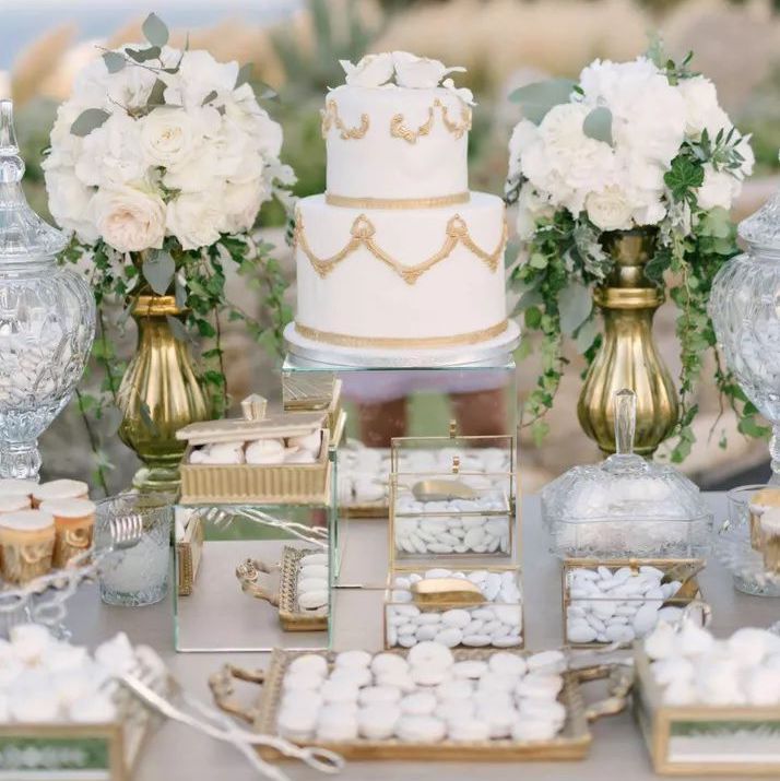 dessert table with jordan almonds and wedding cake