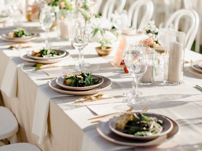 Long White Wedding Reception Tables with Plated Salad Course