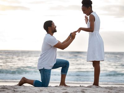Man getting down on one knee and putting a ring on his girlfriend