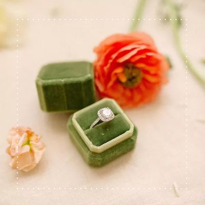 Diamond ring in a green Flowers by Lola Personalised Engagement Ring Box