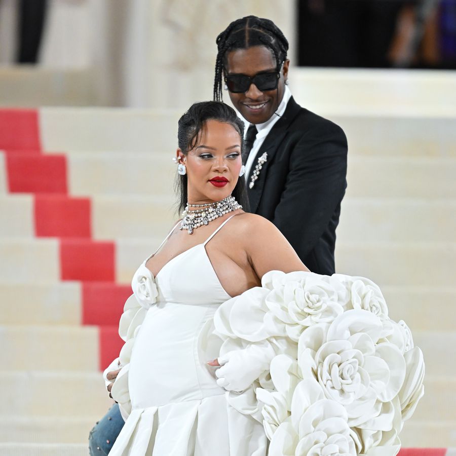 Rihanna and A$AP Rocky at 2023 Met Gala in wedding dress and black tuxedo jacket