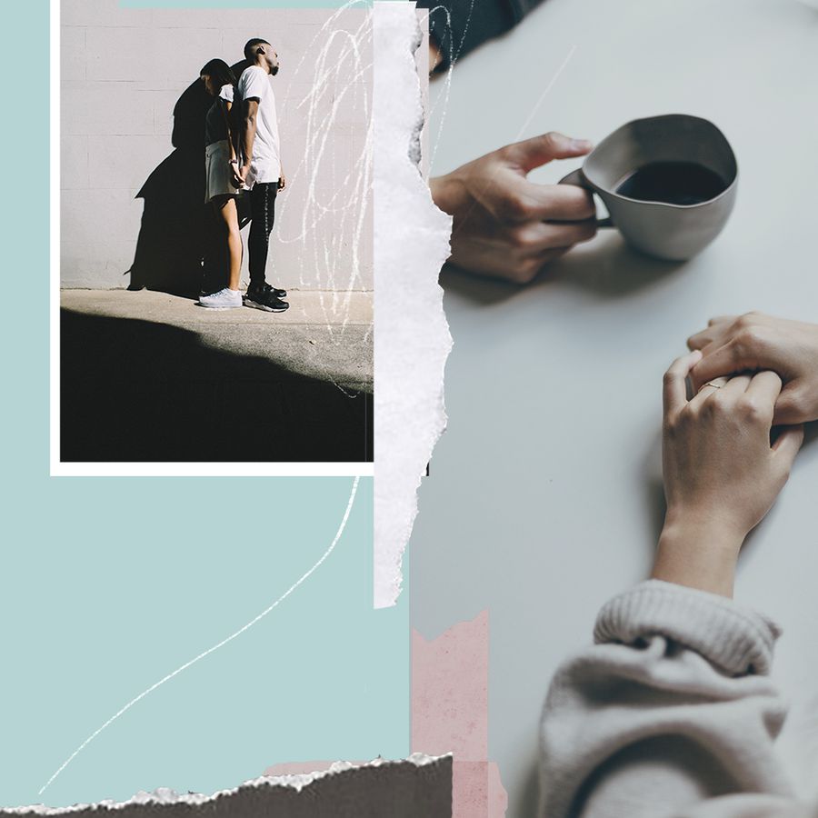Collaged Image of Couple Standing Back to Back and Hands on Table with Coffee Cups
