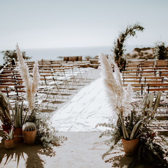 beach wedding ceremony with dried grasses and cacti decorating aisle