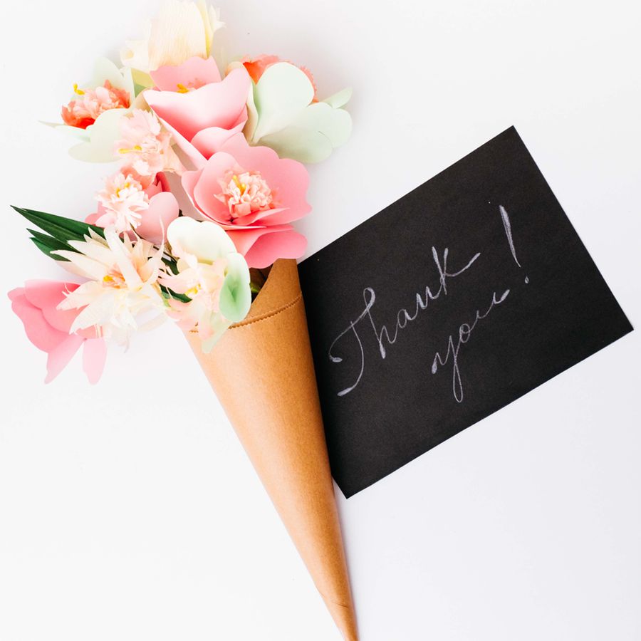 Black Handwritten Thank-You Card with Paper Flower Bouquet