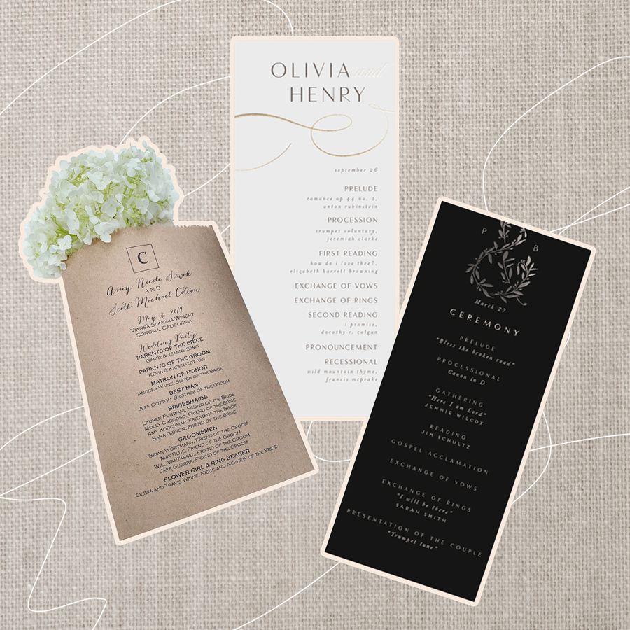 Collage of wedding ceremony programs we recommend on a gray background