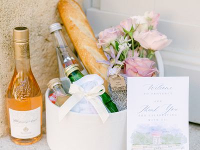Wedding Welcome Box with Wine, Baguette, and Illustrated Card